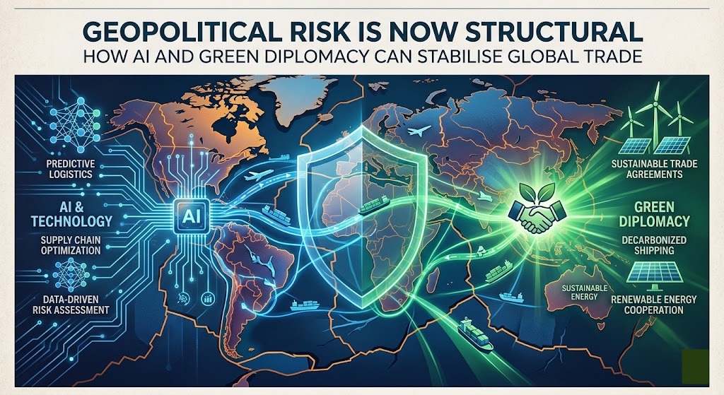 Abstract representation of global trade networks, geopolitical risk and AI diplomacy